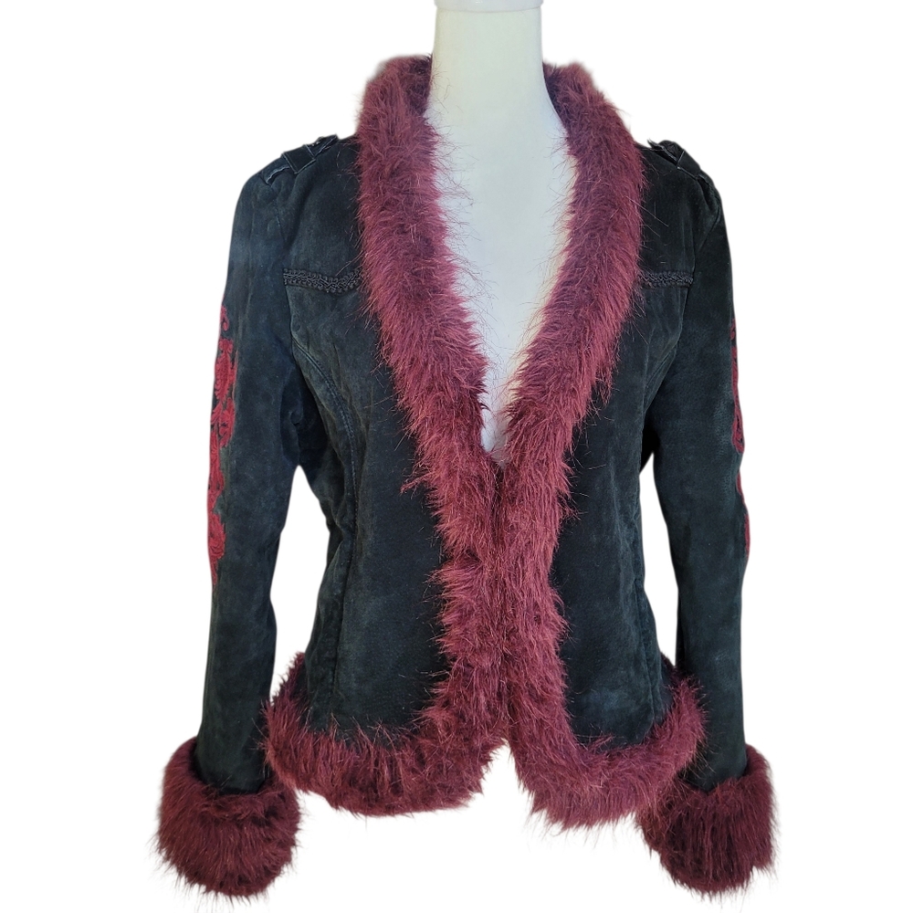Wilsons Leather Black Suede Teddy Jacket with Wine Fur Trim